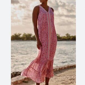 J. Jill Pink Floral Fully-lined Flounced Hem Boho Maxi Dress Size Petite Small